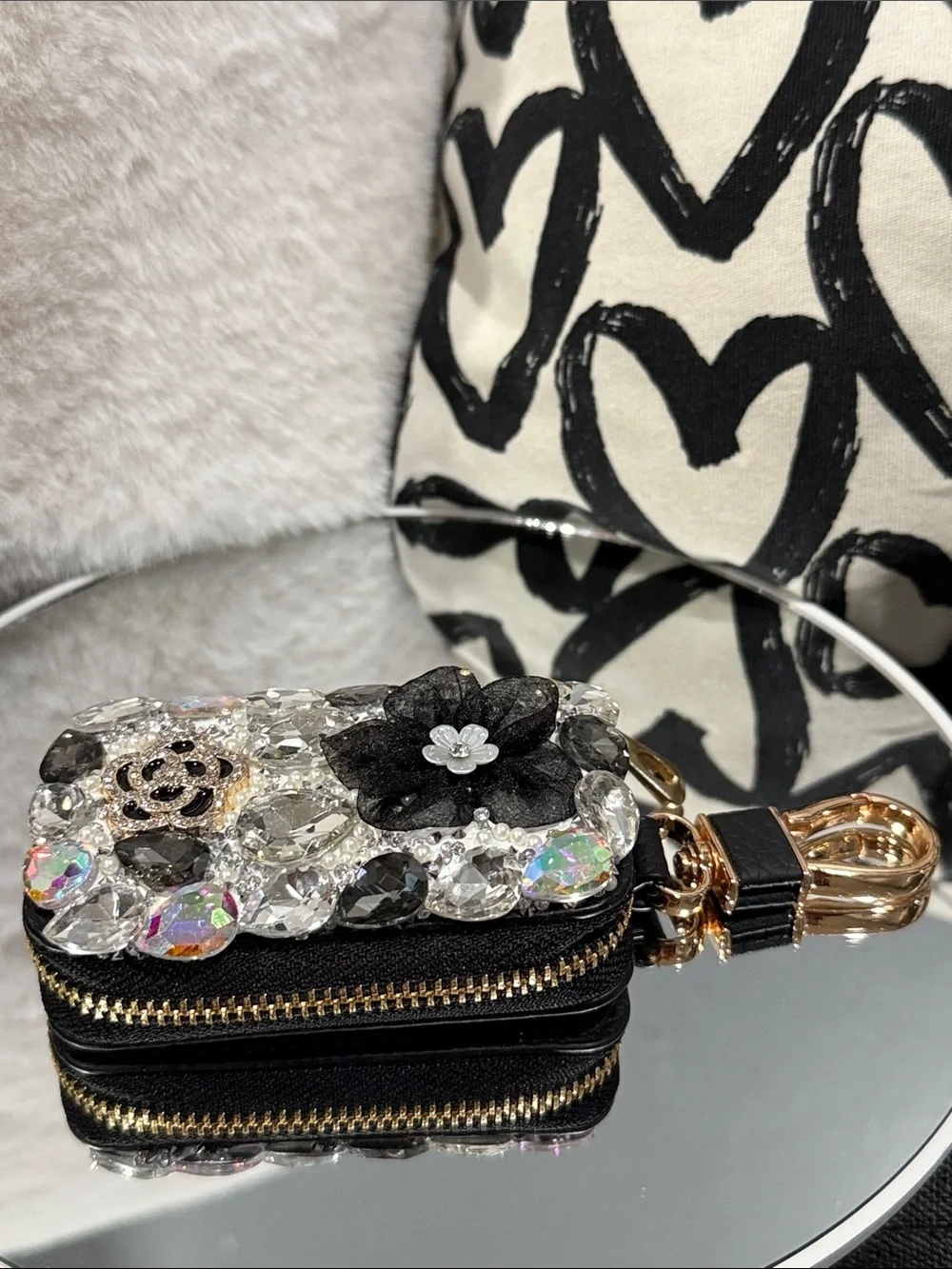 Embellished Black Crystal Flower Mini Crossbody Bag